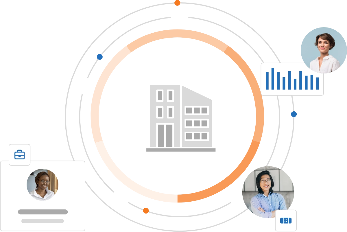 HR dashboard graphic showing team growth and employee data